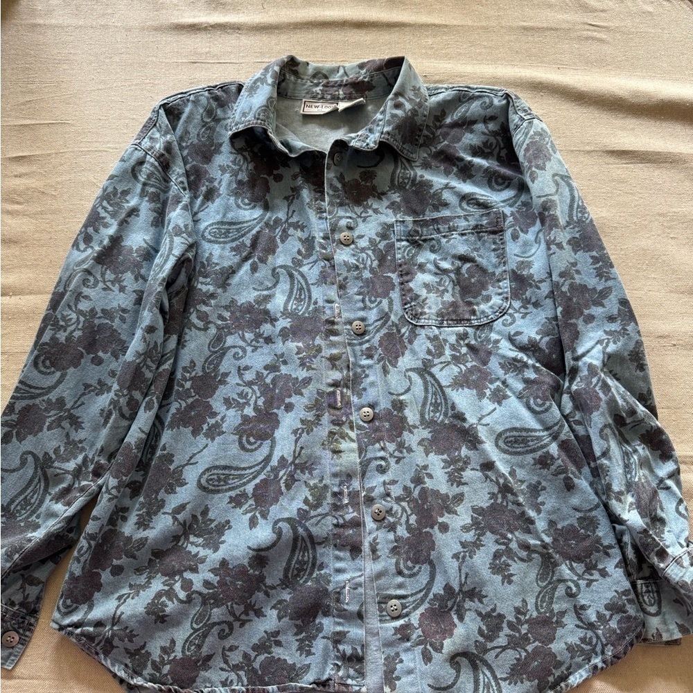 Vintage Pattern Denim Button-Up Shirt